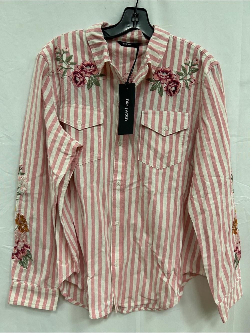 DRIFTWOOD Pink & White Striped Floral Embroidered Shirt